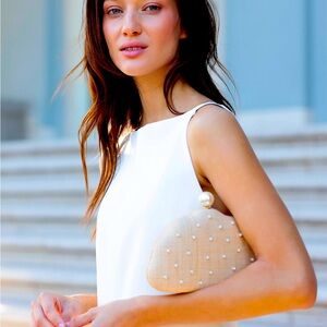 Elegant Pearl-Embellished Tan Clutch